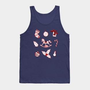 Christmas joyful illustrations of rocking horse, mushrooms, bear, snowman, Christmas stockings, candy cane, holly, gifts on a snow background. Tank Top